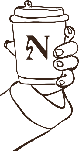 Illustration of a hand holding a Niksen coffee cup